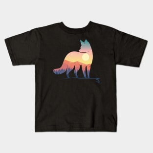 Fox silhouette with nature landscape art Kids T-Shirt